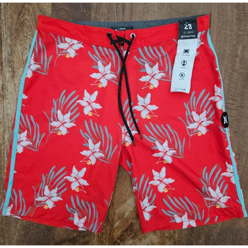 Hurley Phantom Board Shorts Mens 29 Red Hawaiian Floral 4-Way Stretch Beach
